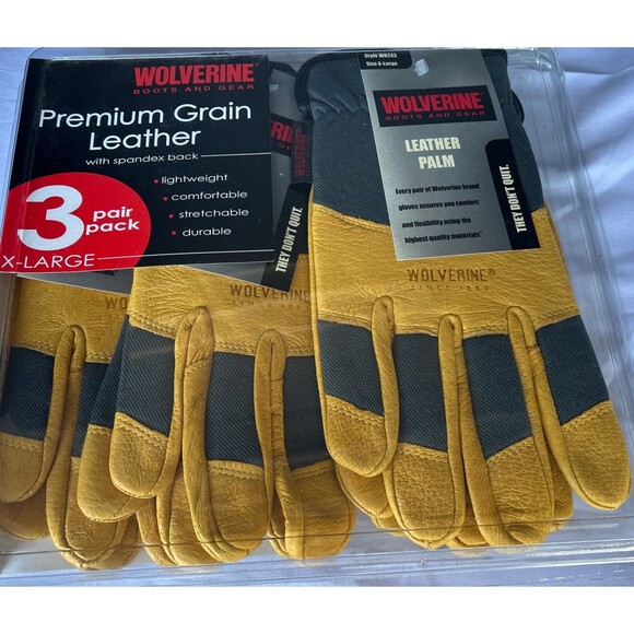 Package Of 3 Pair Wolverine Premium Grain Leather Gloves. Size X-Large. - Picture 1 of 5